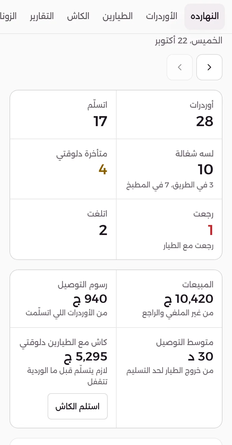 موبايل صاحب المكان: أوردرات النهارده، اتسلّم كام، المتأخر، المبيعات، وكاش الطيارين