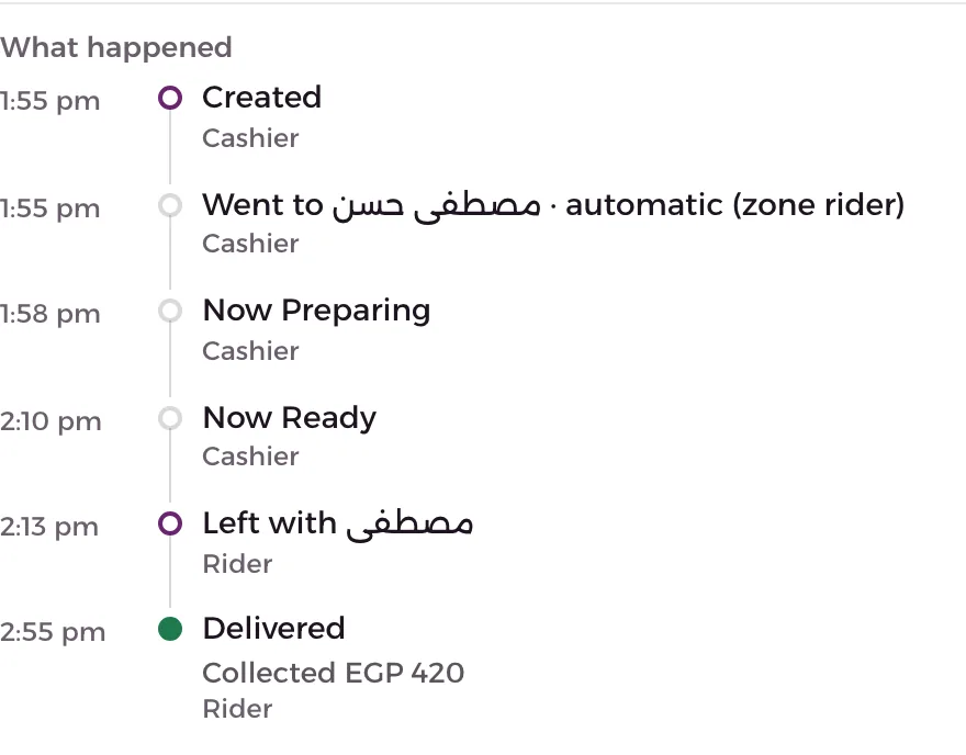 An order's history on the kitchen screen: entered, assigned, left, delivered and for how much