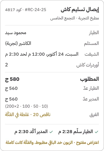 إيصال تسليم كاش لمحمود سيد: المطلوب 580 ج، الطيار عدّ 560، المدير عدّ 560 (200×2، 100، 50، 10)، الفرق ناقص 20 غلطة في الفكّة، الطيار سلّم 2:28 م والمدير أكّد 2:30 م، واعتراض مفتوح: الزبون خد الباقي مظبوط، والفكّة كانت كاملة