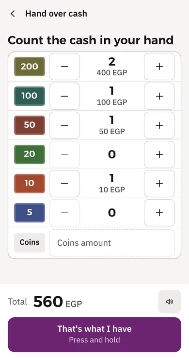 The rider's phone, hand over cash: count the cash in your hand, two 200s, one 100, one 50 and one 10, total EGP 560, and the That's what I have button