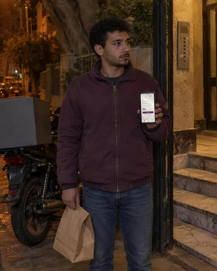 A rider at a building entrance at night with the order bag and his phone in hand