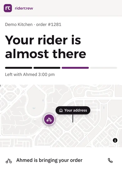 The customer's tracking page: Demo Kitchen, order #1281, your rider is almost there, left with Ahmed at 3:00 pm, a map with your address, and Ahmed is bringing your order with a call button